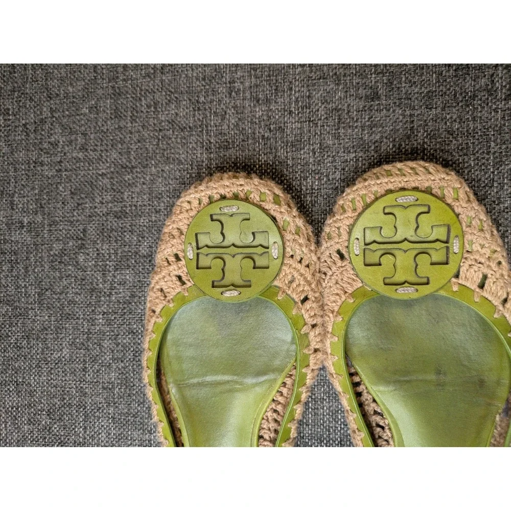 Tory Burch Flats Leather Sole Slip On Shoes Green Beige Knit Women's Size 8M